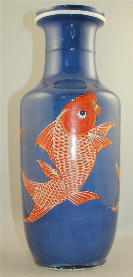 A large Chinese powder blue and iron red rouleau vase, late 19th / early 20th century, 46cm, restored